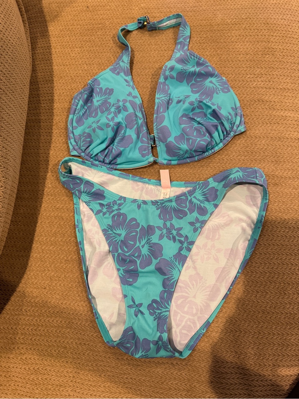 Victoria’s Secret teal and purple floral two-piece halter bikini hibiscus 34DD